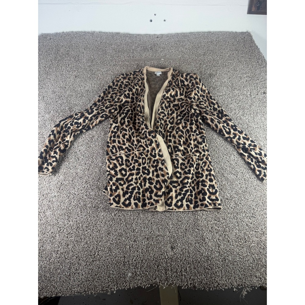 J.Crew Cardigan Sweater Women Leopard Print Open Front Pocket Cotton Classic - L